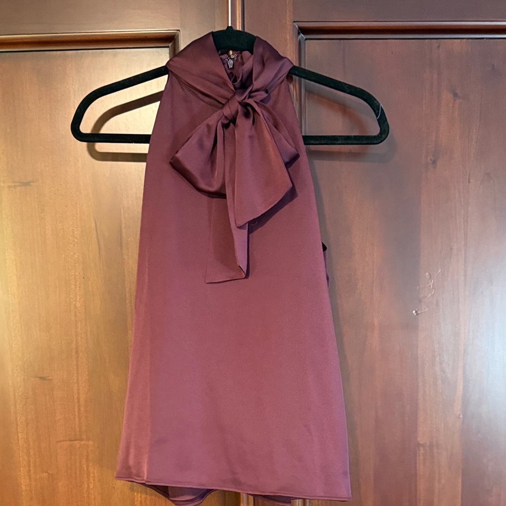 Ann Taylor Silky Rich Plum Wine Tie Neck Sleeveless Blouse